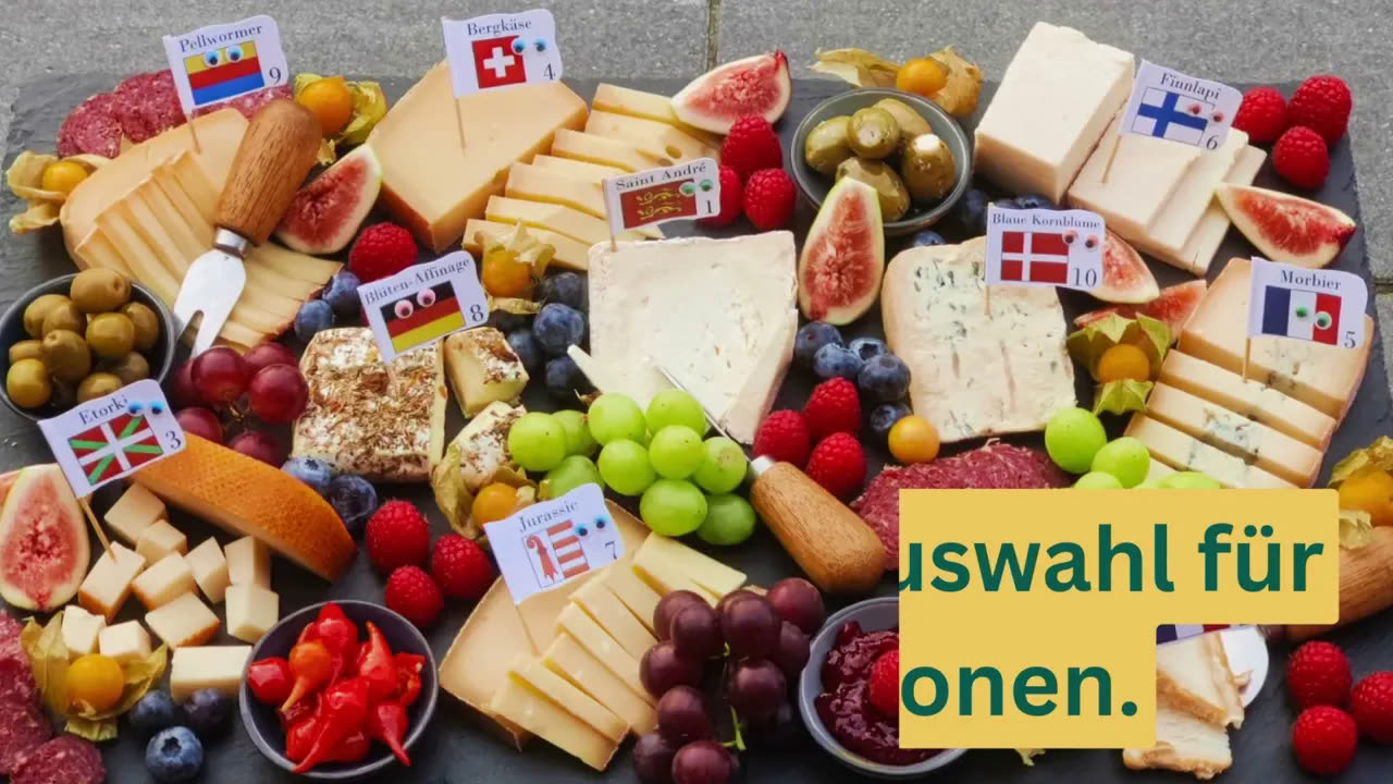 Käseplatte mit nummerierten Käsesorten, Obst und Oliven aus dem Aftermovie 2026